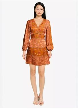 French Connection Womens 2 Bronze Daisy Petals Boho Tiered Lace Mini Dress